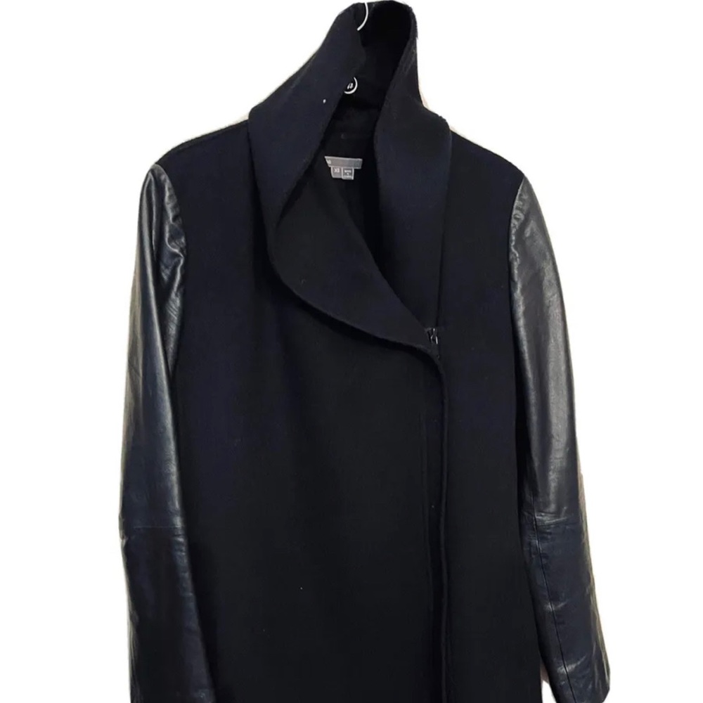 Vince Coat Double Faced Wool Black Lamb Skin Leather Sleeve Shawl Collar X Small
